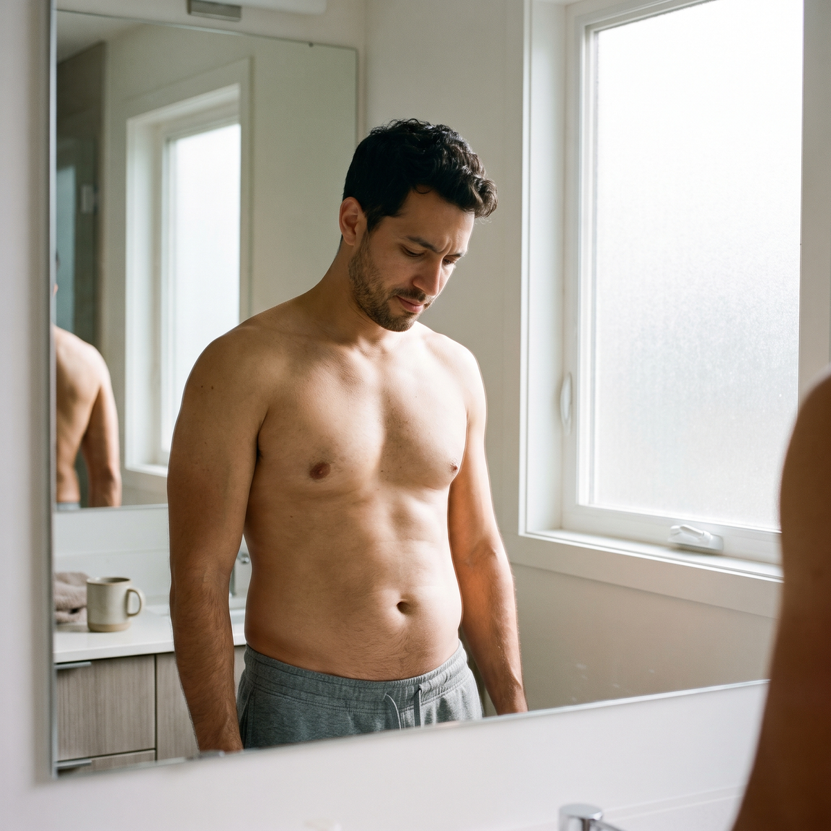 Hombre mirándose al espejo, frustrado con la grasa abdominal