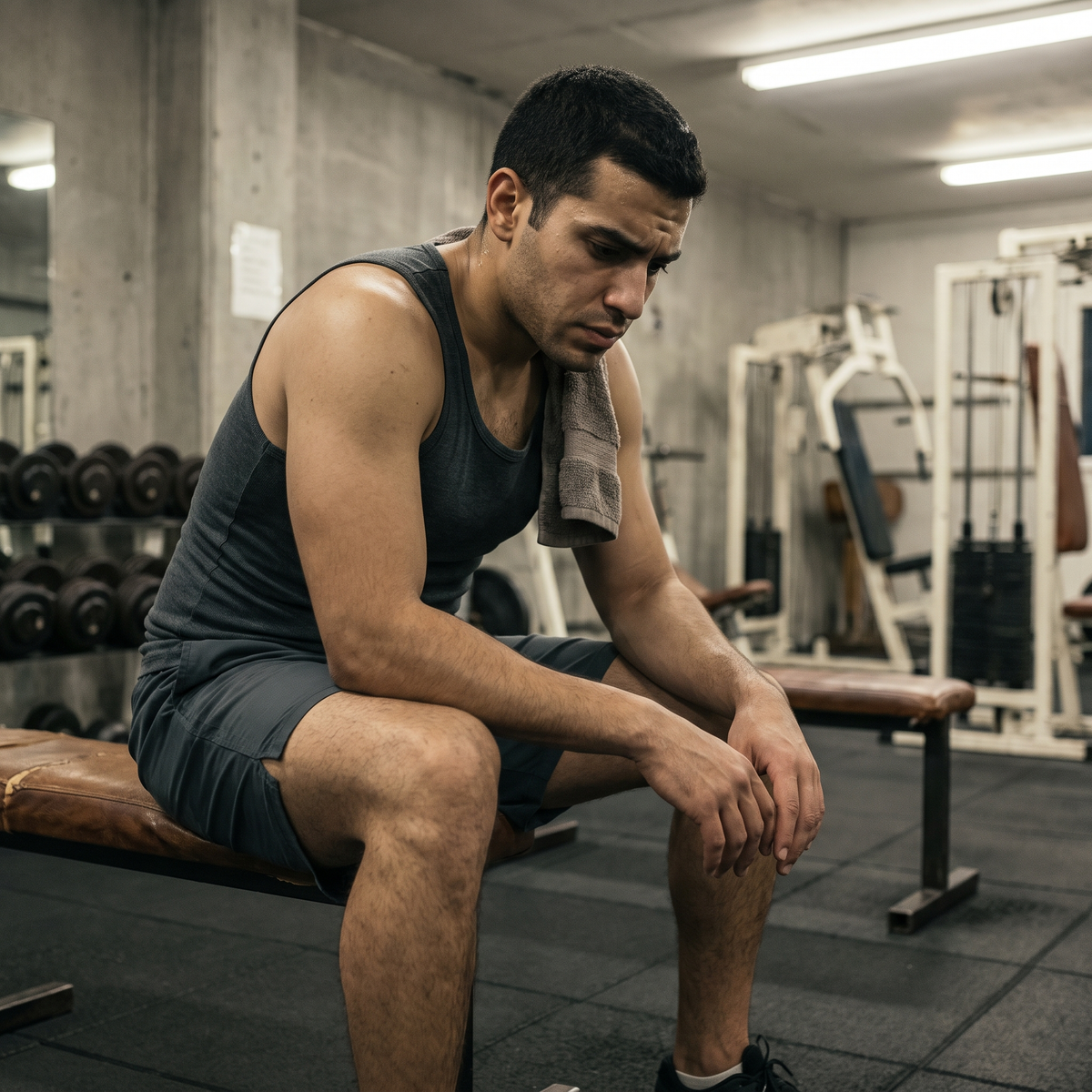 Hombre descansando entre series en el gimnasio